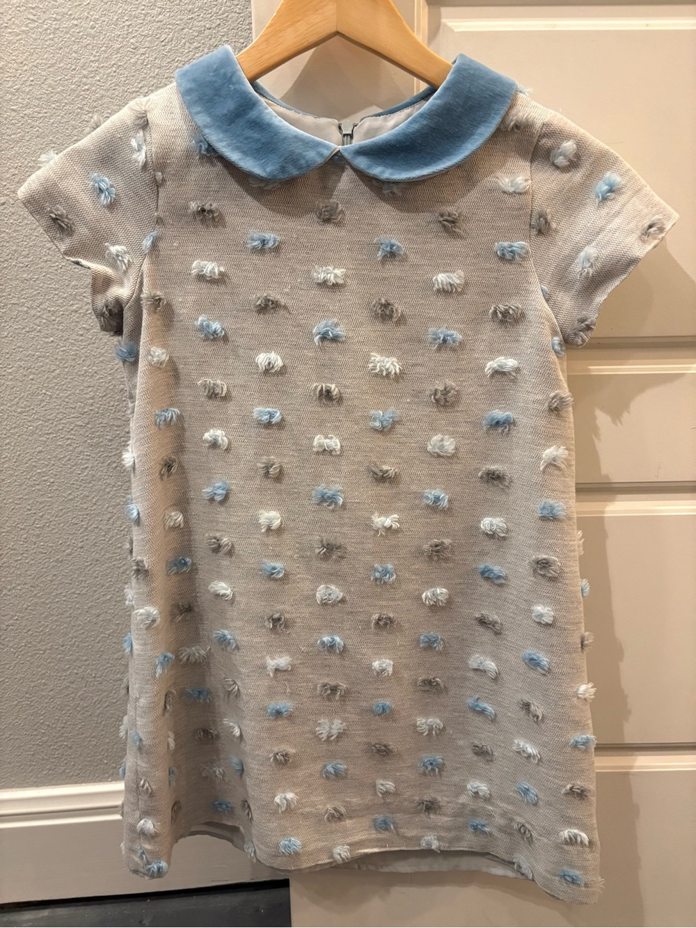 Florence Eiseman Grey Knit Dress with Velvet Blue Collar and Pom-Poms, Sz 8